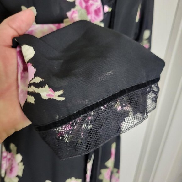 VTG Oscar de la Renta Pink Label M/L Black Pink Roses Floral Robe Nightgown Set - Picture 8 of 13
